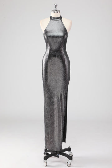Sparkly Silver Grey Halter Shath Formal Dress with Slit